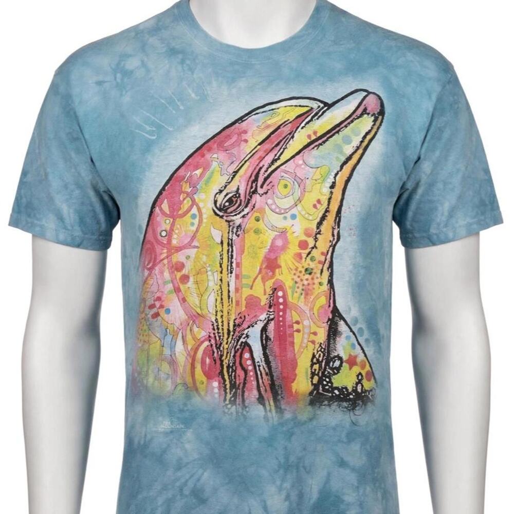The Mountain blue tie-dye cotton t-shirt with colorful dolphin graphic, size 2XL